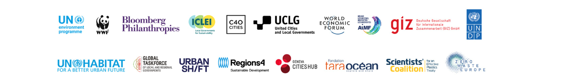uma grade com os logotipos das organizações que fizeram parceria no fórum internacional de paris para acabar com a poluição plástica nas cidades