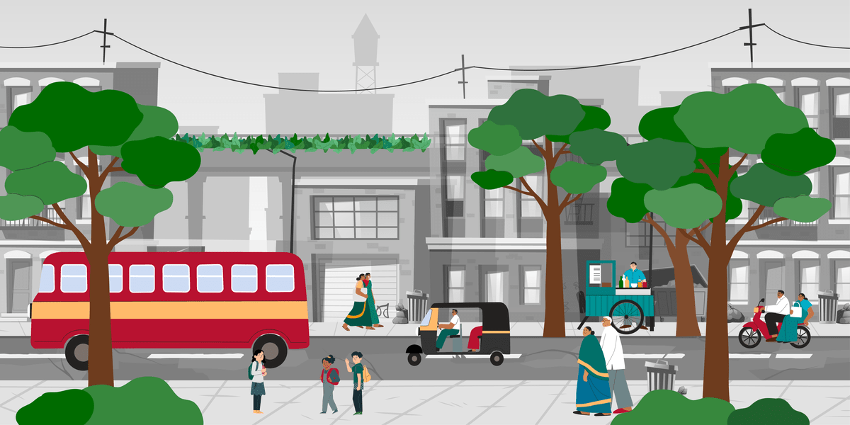 Ilustração de uma cena urbana com árvores, um ônibus e pessoas caminhando e viajando.