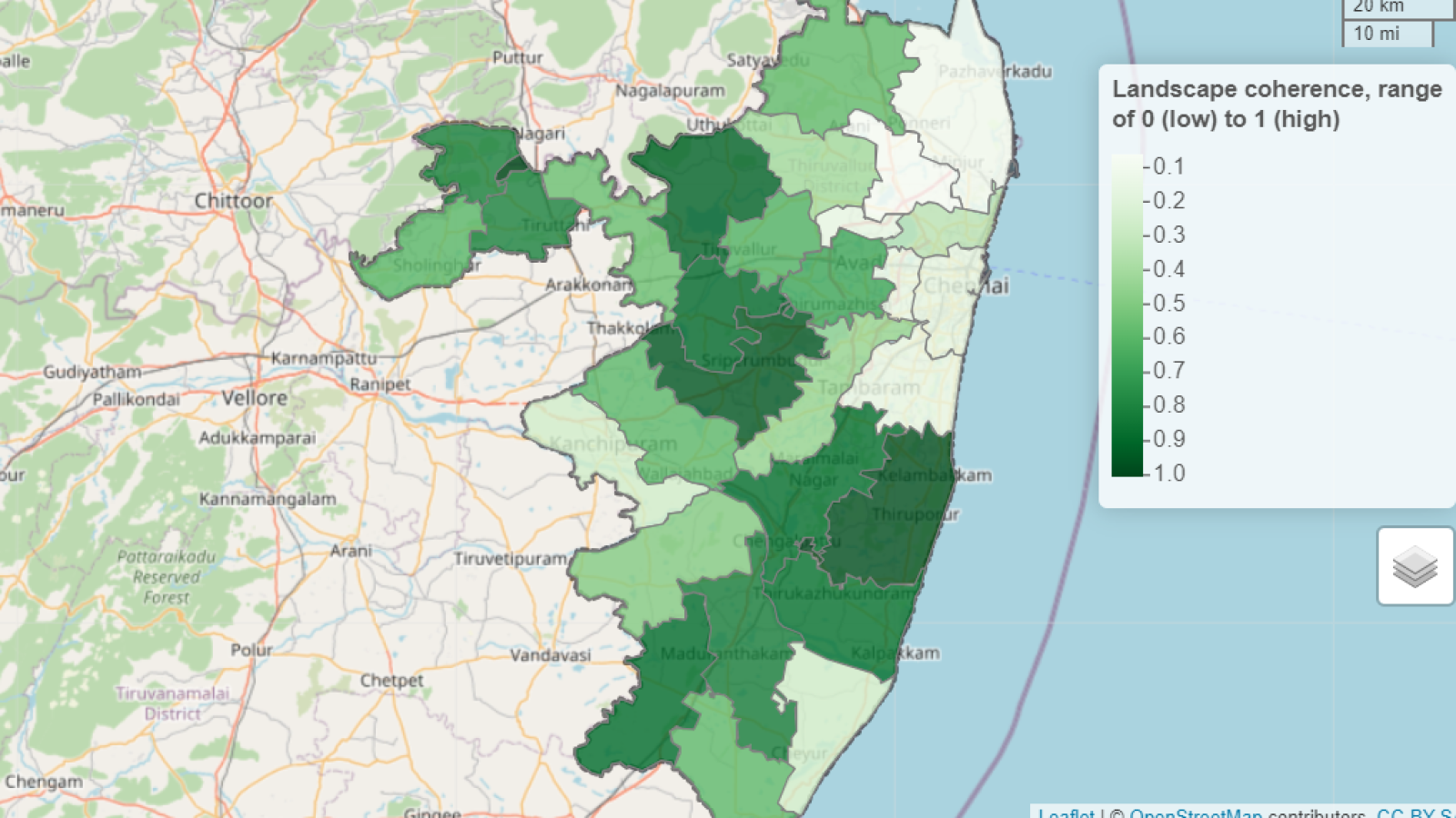 Uma captura de tela do painel que mostra a conectividade das áreas verdes em Chennai.