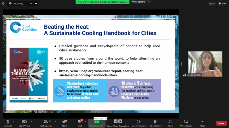 Uma captura de tela do webinar ICLEI Energy Exchanges e UrbanShift sobre resfriamento urbano