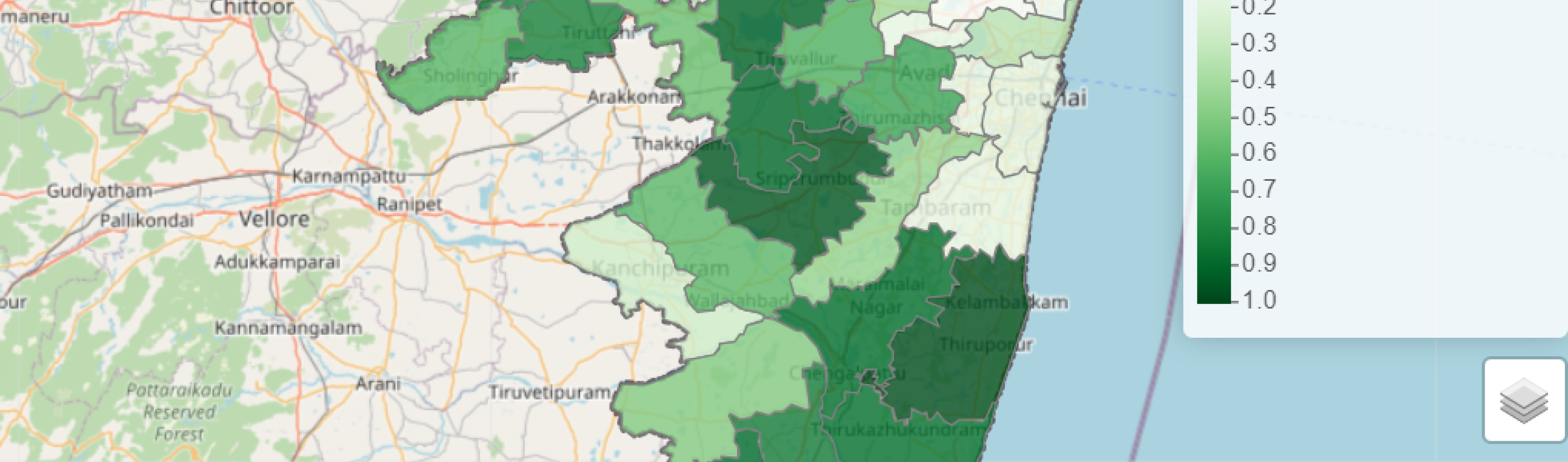 Uma captura de tela do painel que mostra a conectividade das áreas verdes em Chennai.