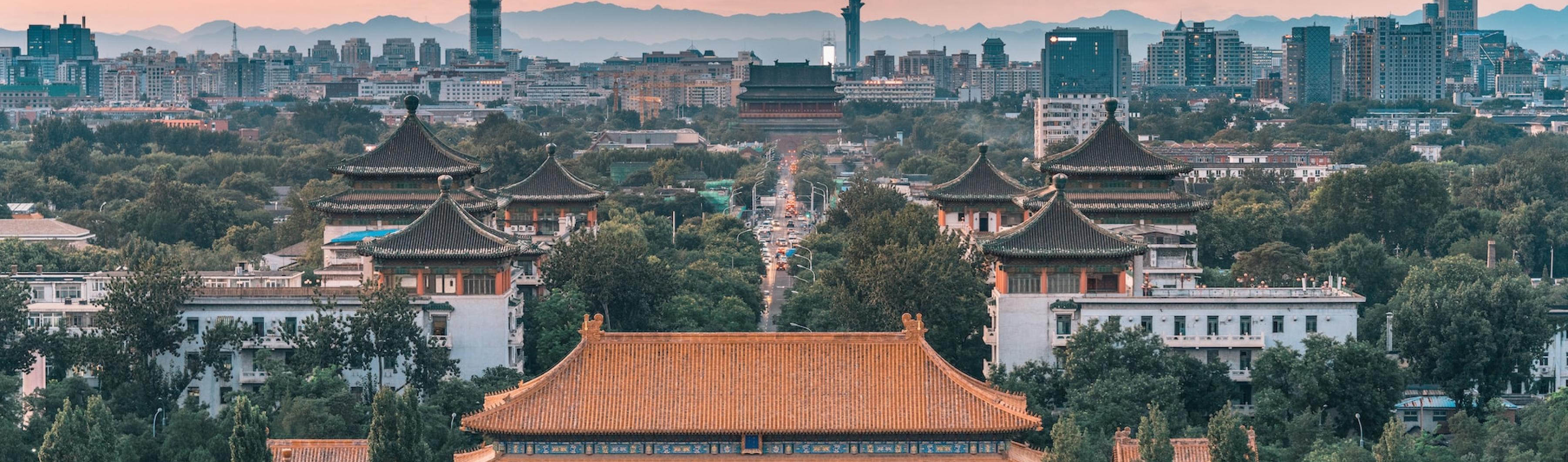 Uma vista do horizonte de Pequim com árvores