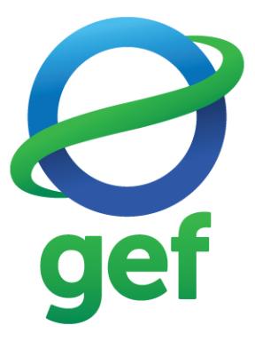 o logotipo do global environment facility. uma fita verde envolve um círculo azul, e gef aparece em verde e em letras minúsculas abaixo.