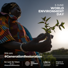 uma imagem para o Dia Mundial do Meio Ambiente. Uma pessoa segura um broto de planta em um céu suavemente iluminado, e #GenerationRestoration é visível em primeiro plano.