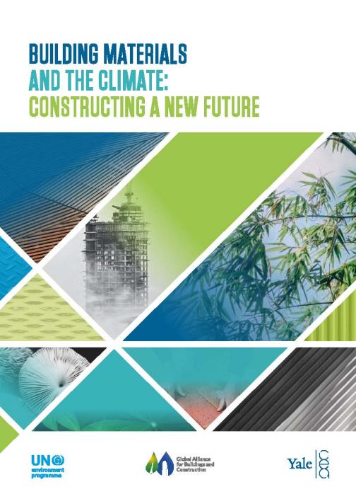 a capa do relatório building materials and the climate: constructing a new future (materiais de construção e o clima: construindo um novo futuro). tema azul e verde, com design geométrico que apresenta edifícios e imagens da natureza